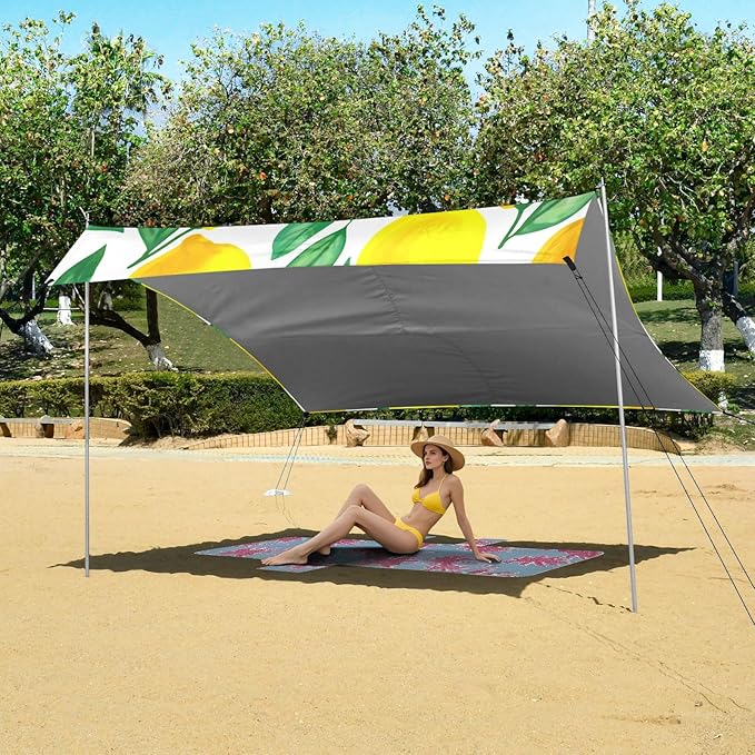 Beach Canopy with Windproof Ropes &amp Sandbags Beach Tent Sun Shade Sun Shelter for Camping Trips Fishing Backyard Fun or Picnics Lemons