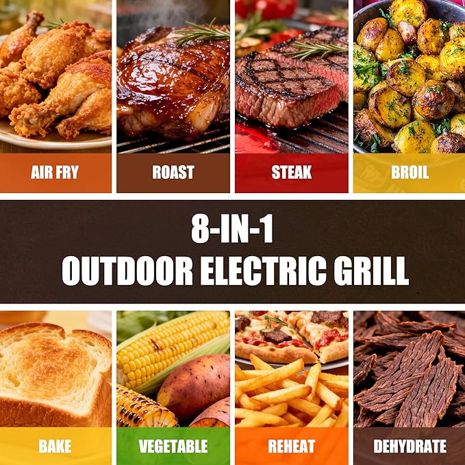 OLIXIS Electric Grill Outdoor/Indoor 8-in-1 Multifunctional Large Electric BBQ Grill for Air Fry Bake Roast Steak Broil and Dehydrate Safe Non-Stick Coating Fry Basket Included