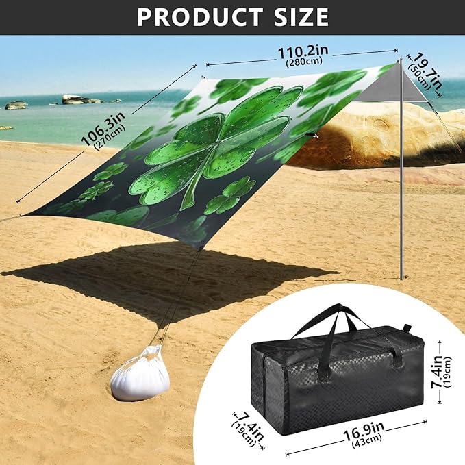 St Patrick's Day Crystal Clovers Beach Tent Sun Shelter Set UPF50+ UV Protection 10.5 x 9.19 FT Camping Shade Canopy with Sandbags Sand Anchors Carrying Bag and Others
