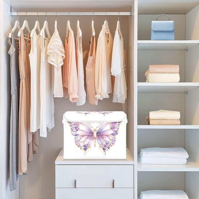 MNSRUU Containers Baskets with Lids Dreamy Purple Butterfly Foldable Storage Bins Organizer with Lid Collapsible Storage Boxes for Home Bedroom Closet Office