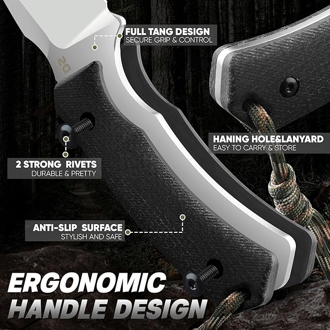 Dream Reach Fixed Blade Knife - D2 Steel Tactical Knife with Ergonomic Full Tang Handle and Kydex Sheath for Outdoor Camping Survival Gift for Men Women Black