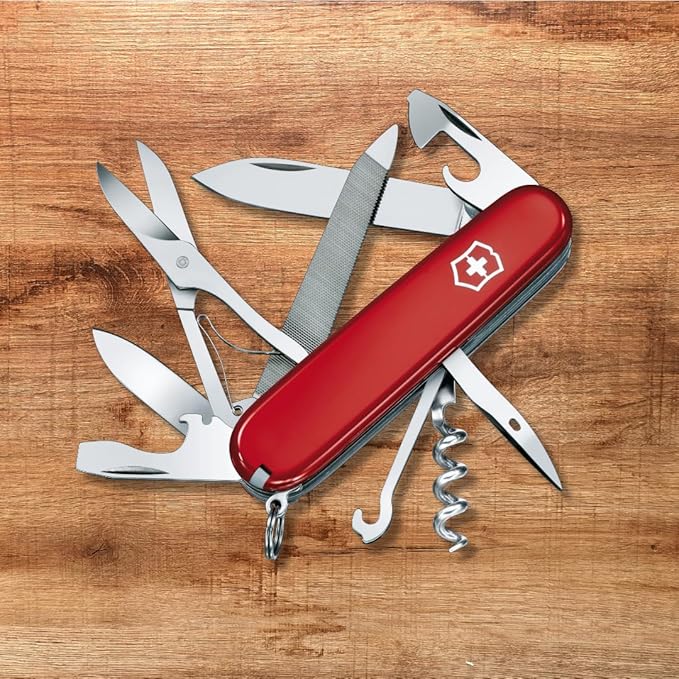 Victorinox Mountaineer Swiss Army Knife 18 Function Swiss Army Knife with 2 Blades Corkscrew Scissor and Hook - Red