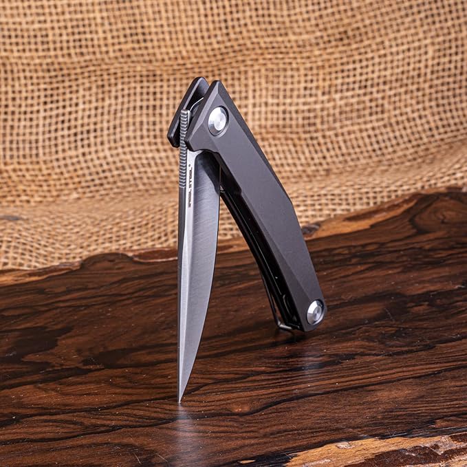 Real Steel Teres lightweight EDC Flipper Knife 3.11'' Nitro-V ‎Satin Hollow-Ground BladeAluminum HandleLiner Lock Knife Gentleman's Knife with Pocket ClipHunting Camping Hiking Fishing Knife Gift