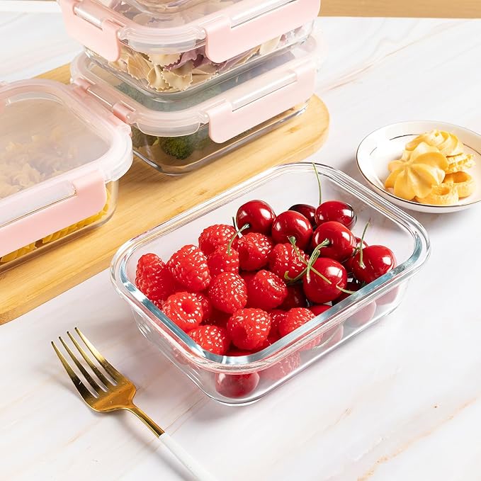 10 Pack 22 oz Glass Meal Prep Containers Food Storage Containers with Lids Airtight Leakproof Lunch Containers for Kitchen Freezer Microwave Dishwasher Safe (Pink)