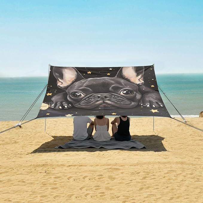 ALAZA Cute French Bulldog with Butterflies Stars Beach Tent Sun Shelter Portable Canopy Sunshade for Outdoor Camping Picnics Backyard Fun 10x9 ft