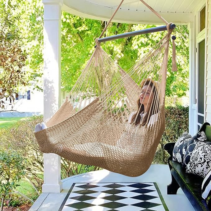 Bathonly Large Hammock Chair with Spreader Bar Caribbean Hammock Swing Chair XL Hammock Chair Outdoor Indoor 330 LBS Weight Capacity Light Brown