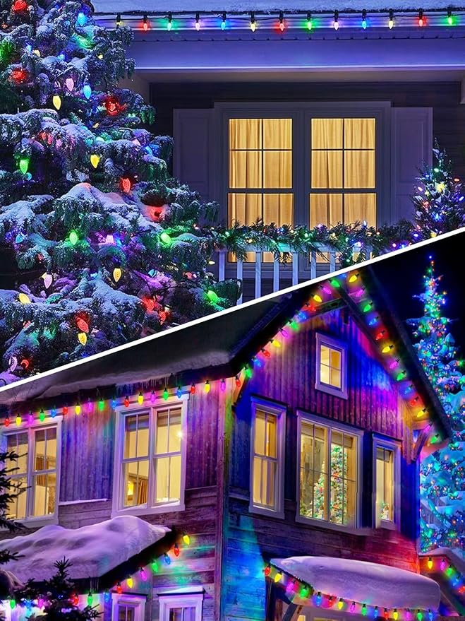 2-Pack 66FT 100LED Extendable C9 Christmas Lights Outdoor/Indoor Waterproof Christmas String Lights Plug in Green Wire Fairy Lights for Xmas Tree Garden Patio Wedding Party Decoration (Multicolor)