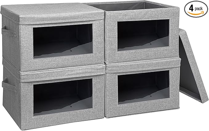 4-Pack Fabric Storage Bins with Lids Foldable Storage Boxes with Handles &amp Clear Window Closet Organizers for Clothes Books (Grey 4PCS/14.9 x 9.8 x 9.8 in)