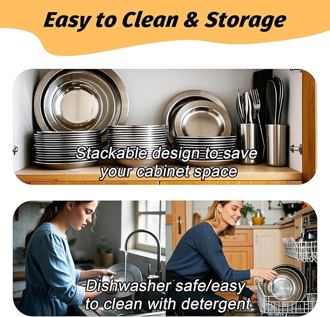 2PCS Stainless Steel Dinner Plates 8.7 Double Layered 18/8 Metal Round Dinner Plates Unbreakable with 2 Spoons &amp Forks Dishwasher Safe Heat-Resistant for Indoor/Outdoor Use Camping Everyday Me