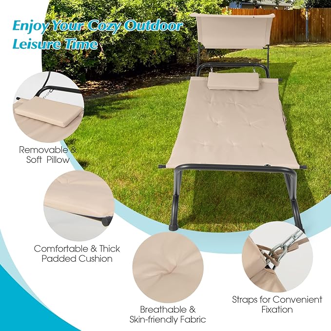 Giantex Hanging Hammock with Stand Patio Hanging Chaise Lounge Chair w/Canopy Cushion Pillow &amp Storage Bag Heavy Duty Swing Hammock Bed for Garden Lawn Backyard Patio Poolside Porch (Beige)