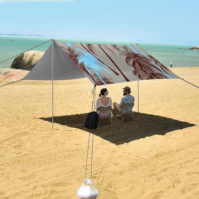 xigua Palm Tree Beach Tent Sun Shelter with Carrying Bag - Silver Coated Oxford Fabric Beach Canopy for Beach Camping Fishing - Includes Windproof Ropes Sandbags &amp Stakes