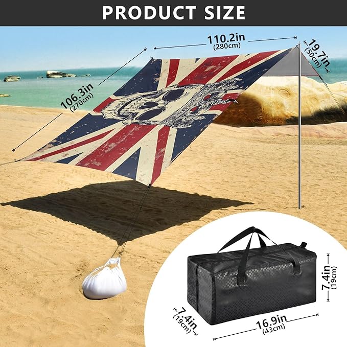 ALAZA Skull and British Flag Beach Tent Sun Shelter UPF50+ Protection Beach Shade Canopy w/ 4 Sandbags for Outdoor Camping Fishing Backyard Fun Picnic 10x9 ft