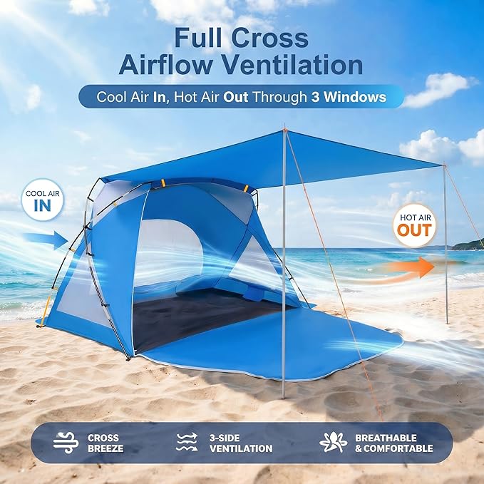 Beach Tent Portable Sun Shelter for 2/3/4/6-8 Person with UPF 50+ UV Protection Easy Setup Waterproof Beach Shade Canopy Cabana for Family Outdoor and Picnics Fishing with Carrying Bag