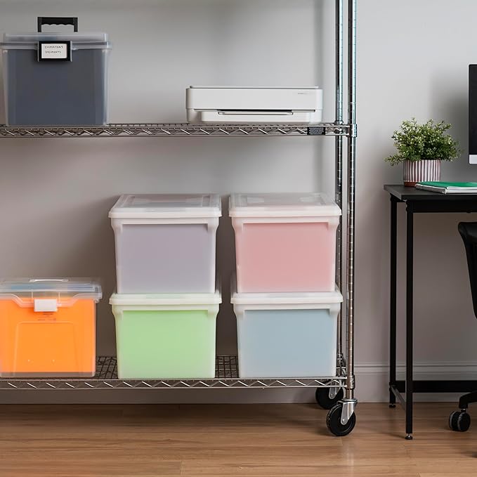 IRIS USA File Box File Organizer w/Hinged Split Lid for Letter File Important Document Box Plastic Storage Filing Bin for Moving Stackable Nestable Portable Pearl 44 Qt. 4 Pack
