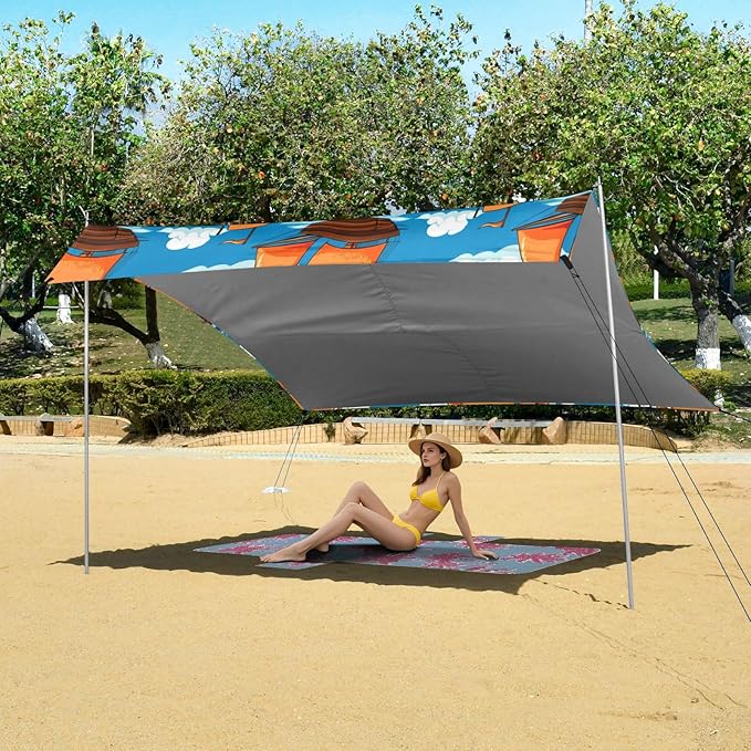 xigua Orange Sails Beach Tent Sun Shelter with Carrying Bag - Silver Coated Oxford Fabric Beach Canopy for Beach Camping Fishing - Includes Windproof Ropes Sandbags &amp Stakes