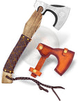 Hand Forged Carbon Steel Viking Style Bearded Axe with Leather Sheath - Real Hatchet Throwing &amp Camping Axe with Leather Wrap Best Gift for Wedding Anniversary Valentines Day Birthday Gift for