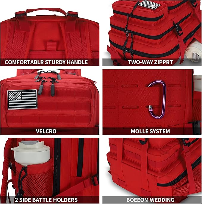 Sparklekle Military Tactical Backpack 45L 3 Day Assault Pack Waterproof Molle Hiking Rucksack for Men&ampWomen (Red)