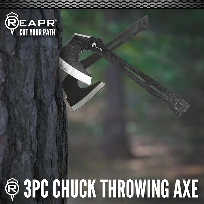 Reapr CHUK 3-Piece Throwing Axe Set – 11 Full-Tang Tactical Tomahawks with Dual-Edge Blades Stonewashed Finish Nylon Sheath with MOLLE – Outdoor Recreation Camping (3 Piece Chuck Throwing Axe)