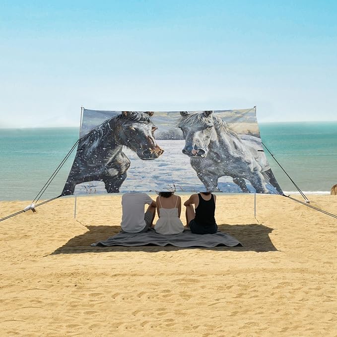 ALAZA Black and White Horses in Snow Beach Tent Sun Shelter Portable Canopy Sunshade for Outdoor Camping Picnics Backyard Fun 10x9 ft