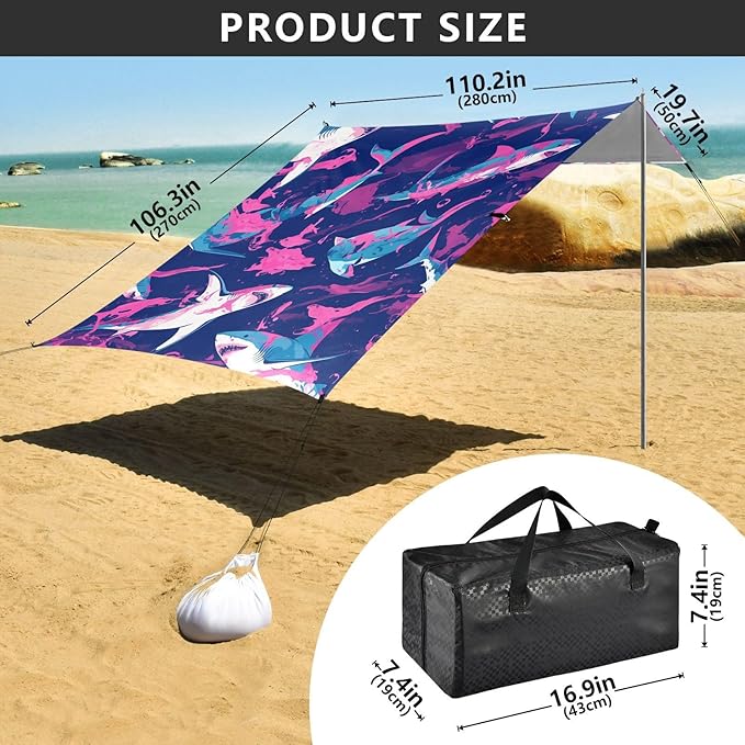 Shark Ocean Navy Blue Oil Painting Beach Tent UPF50+ Easy Setup Large Sun Shelter with Sand Shovel Sandbags for Camping Picnics Backyard &amp Fishing