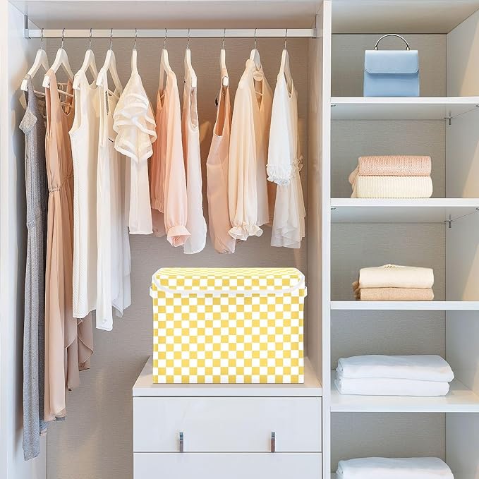 Yellow Checkerboard Storage Baskets Lidded Bin Foldable Storage Boxes Cubes Lids with 2 Handles for Organizing Closet Home Office