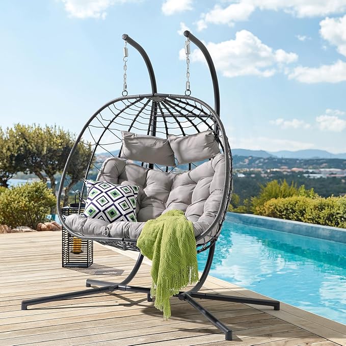 Patiorama 2 Person Double Egg Swing Chair with Stand Indoor Outdoor Patio Wicker Rattan Hanging Egg Chair w/Cushion Pillow Foldable Hammock Chair 550lbs for Bedroom Balcony Garden (Light Grey)