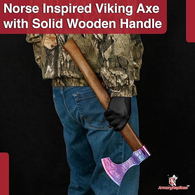 Armory Replicas™ Norse-Inspired Viking Axe with Rainbow Finish Blade Decorative Steel Axe with Wooden Handle for Display Collection &amp Themed Events