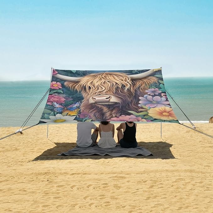 ALAZA Highland Cow Butterflies Beach Tent Sun Shelter Portable Canopy Sunshade for Outdoor Camping Picnics Backyard Fun 10x9 ft