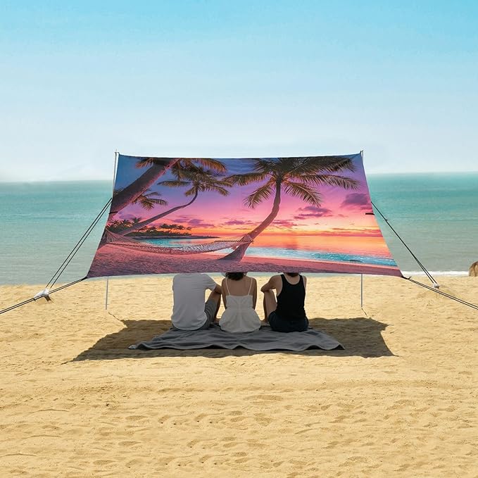 ALAZA Sunset Beach Summer Beach Tent Sun Shelter UPF50+ Protection Beach Shade Canopy w/ 4 Sandbags for Outdoor Camping Fishing Backyard Fun Picnic 10x9 ft