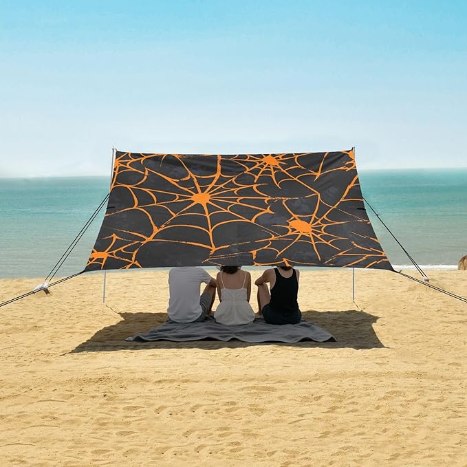 ALAZA Yellow Spider Web Halloween Beach Tent Sun Shelter UPF50+ Protection Beach Shade Canopy w/ 4 Sandbags for Outdoor Camping Fishing Backyard Fun Picnic 10x9 ft