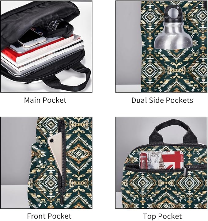 Laptop Backpack Travel Backpack Large Diaper Bag Doctor Bag Backpack for Women &amp Men (Ethnic Indiana Southwest Western Tribal Aztec green)