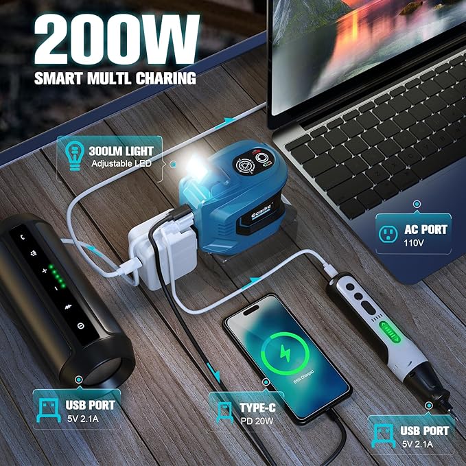 200W Power Inverter for Makita 18V Battery DC 18V to AC 110-120V Battery Inverter Portable Power Station Generator Charger Adapter Powered Outlet with 2 USB Ports &amp 1 Type-C &amp 1 AC Outlet