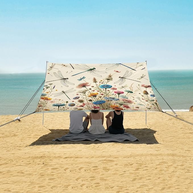 Vintage Dragonflies Flowers Beach Tent Sun Shelter Set UPF50+ UV Protection 10.5 x 9.19 FT Camping Shade Canopy with Sandbags Sand Anchors Carrying Bag and Others