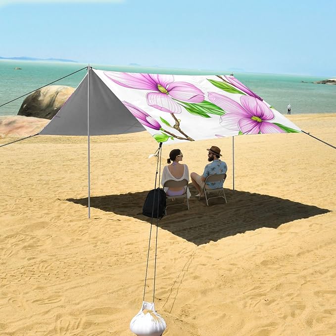 Beach Canopy with Windproof Ropes &amp Sandbags Beach Tent Sun Shade Sun Shelter for Camping Trips Fishing Backyard Fun or Picnics Magnolia Flowers