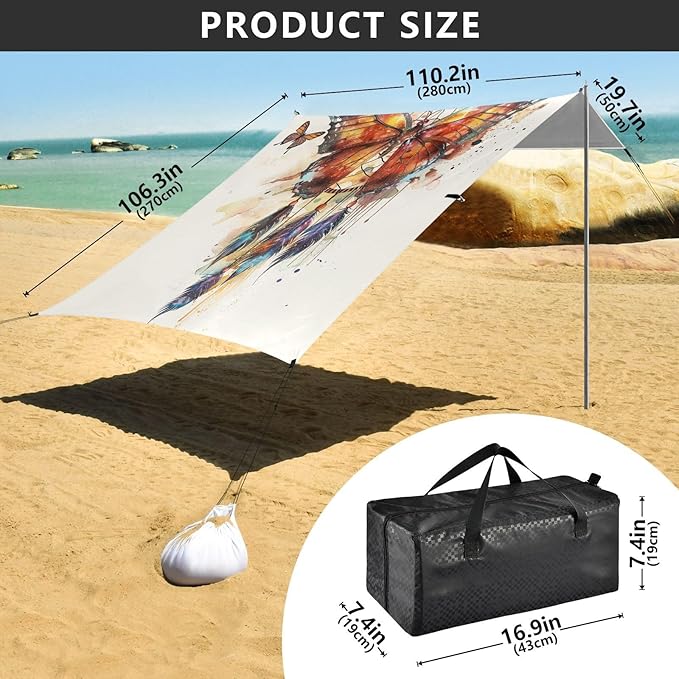 ALAZA Ethnic Dreamcatcher and Butterfly Beach Tent Sun Shelter Portable Canopy Sunshade for Outdoor Camping Picnics Backyard Fun 10x9 ft