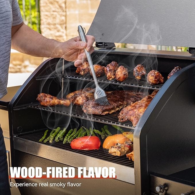Z GRILLS Wood Pellet Grill 8 in 1 BBQ Smoker with Foldable Front Shelf Ash Cleanout System Rain Cover 1056 sq.in Cooking Area for Outdoor BBQ 10002E