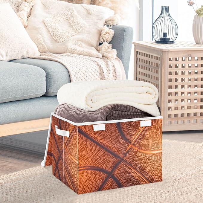 Basketball Lidded Home Storage Bins Closet Storage Bins Foldable Oxford Fabric Storage Box for Home Bedroom Closet Office (16.5x12.6x11.8 in)