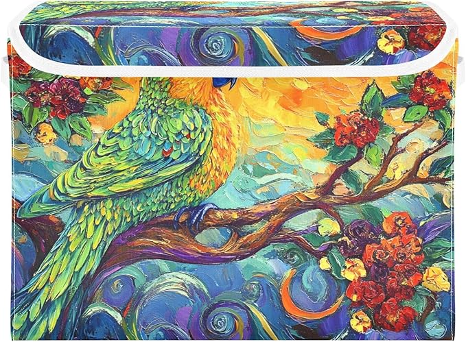 Fantastic Parrot Storage Cube Bins Basket with Lid Collapsible Flip-top Fabric with Handle for Home Bedroom Closet Office 16.5×12.6×11.8 in