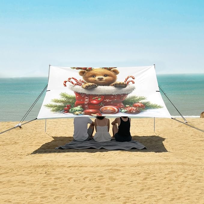 ALAZA Christmas Bear Beach Tent Sun Shelter UPF50+ Protection Beach Shade Canopy w/ 4 Sandbags for Outdoor Camping Fishing Backyard Fun Picnic 10x9 ft