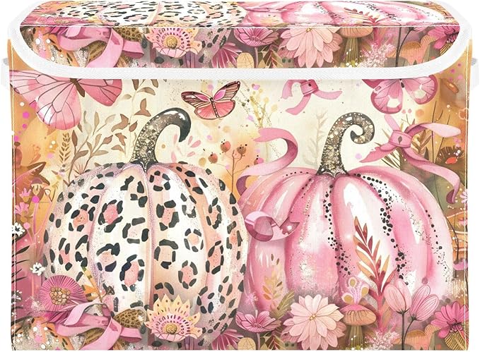 senya Thanksgiving Day Baskets Collapsible Storage Bins with Lids Fall Pink Pumpkin Butterfly Storage Boxes Clothes Baskets for Organizing