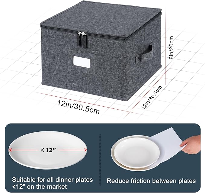 popoly China Storage Containers Hard Shell Inside 12 W x 8 H Dinner Plate Storage Containers for Dishes Dinnerware with 24 Felt Dividers Hold 24 Plates Stackable (2 Pack Grey)