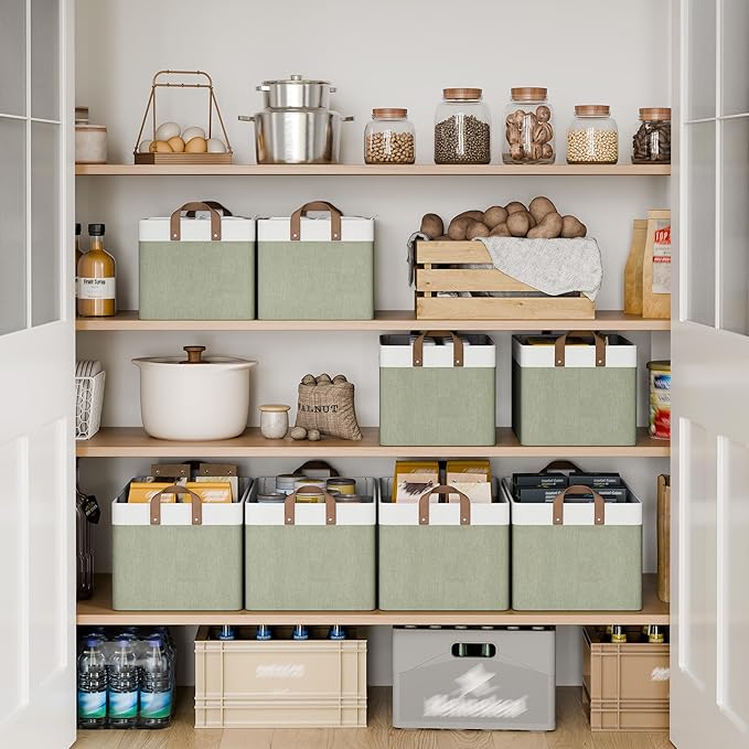 StorageWorks Storage Bins Fabric Storage Bins for Shelves Large Storage Baskets with Metal Frame Closet Baskets and Bins with Handles Green and White 2-Pack