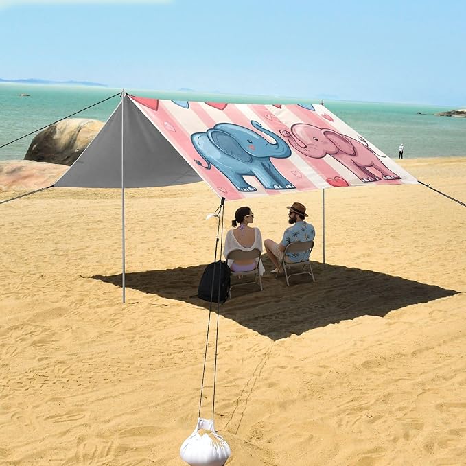 Elephants Love Stripes Beach Tent Sun Shelter Set UPF50+ UV Protection 10.5 x 9.19 FT Camping Shade Canopy with Sandbags Sand Anchors Carrying Bag and Others