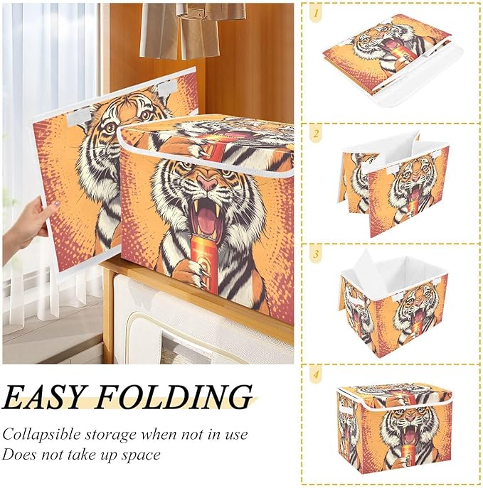 Storage Cube with Lid Animal with Drink Print 16.5×12.6×11.8 IN Collapsible Large Capacity Foldable Storage Basket Bin Organizer