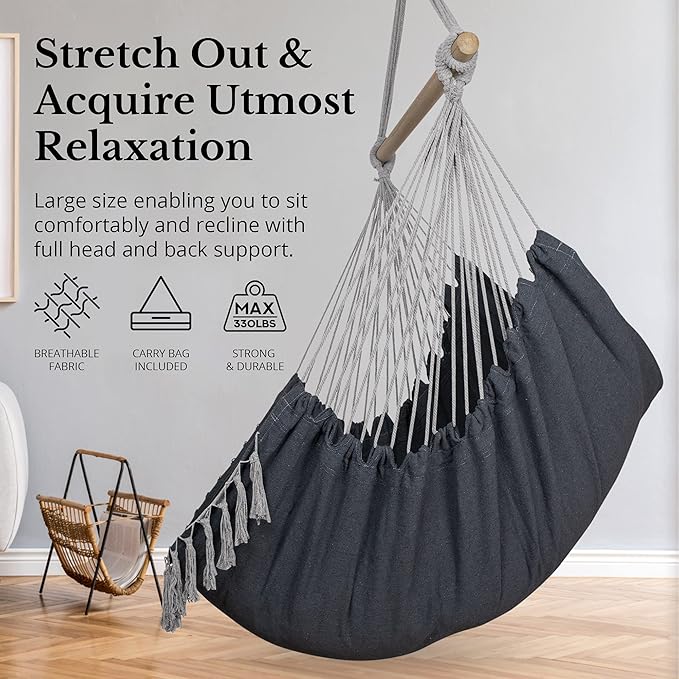 KOMOREBI Hammock Chair - Grey - 60 x 47 - Hanging Rope Swing for Indoor &amp Outdoor - Soft &amp Durable Cotton Canvas - 2 Cushions Included - Large Macrame Hanging Chair for Bedroom Patio Porch