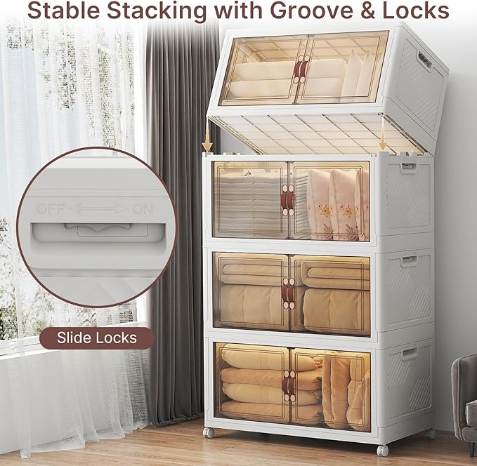 UAMFURI Stackable Storage Bins with Lids 720QT Closet Organizers and Storage with Doors and Wheels Extra Large Storage Cabinet Collapsible Plastic Drawers for Bedroom Dorm Office Garage