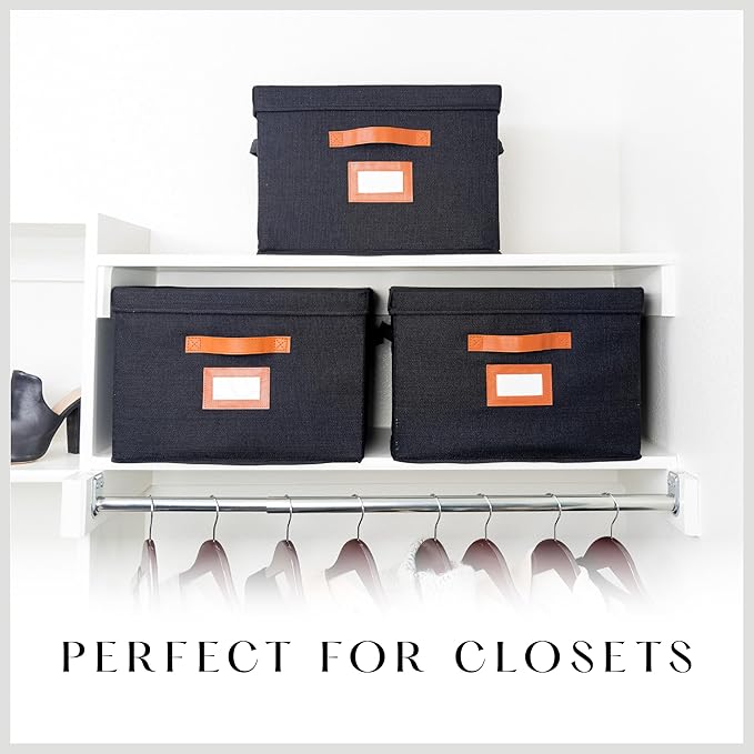 3 Pack Large Fabric Storage Boxes with Lids (15.75 x 11.25 x 11.25) - Decorative Bin with Lid Label Holder Faux Leather Handles - Large Storage Boxes for Organizing Clothes Blankets - Black
