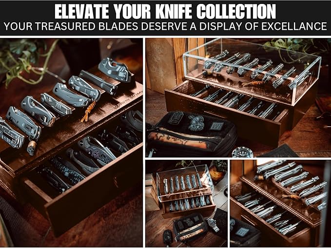 Pocket Knife Display Case for 16 Knives - Wooden Knife Collection Case Clear Cover - Two-Tier Knife Cases for Collections with a Removable Drawer Insert for Other EDC Items EDC Case - Brown