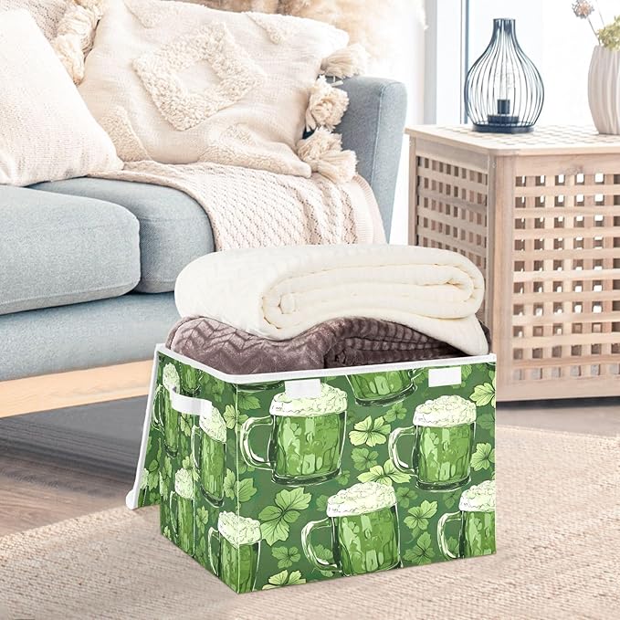 Christmas Storage Baskets with Lids Beer Glasses and Shamrocks (3) Collapsible Bins Stackable Fabric Linen Baskets Closet Organizer Container 16.5x12.6x11.8