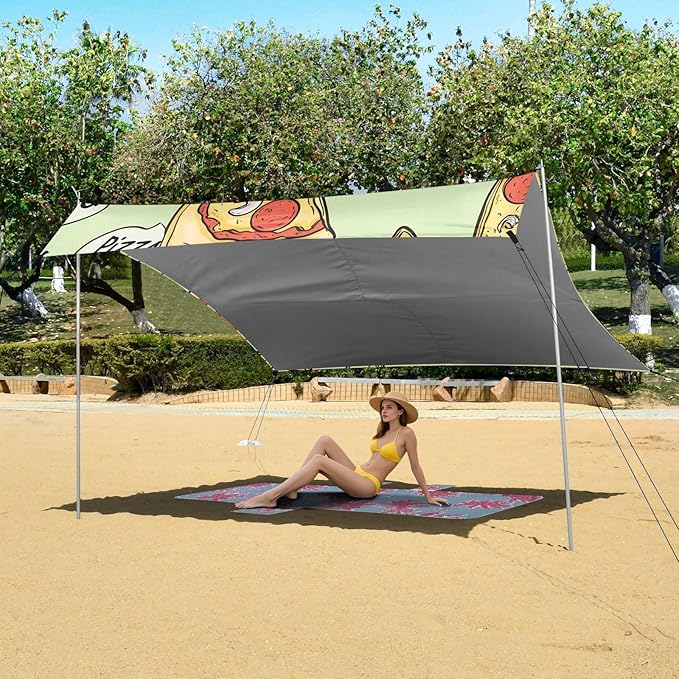 ALAZA Pizza Slice Word Pattern Beach Tent Sun Shelter Portable Canopy Sunshade for Outdoor Camping Picnics Backyard Fun 10x9 ft